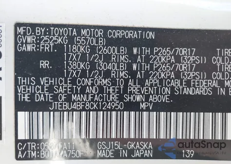 2012 Toyota Fj Cruiser z USA, uszkodzony, nr VIN JTEBU4BF8CK124950